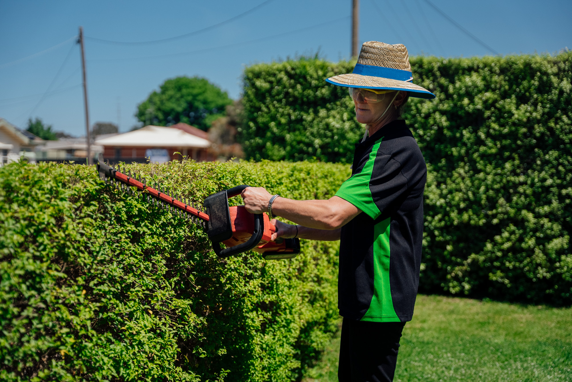 Green Clean Team technician trimming hedges with electric hedger while wearing safety gear in a Central Victoria garden